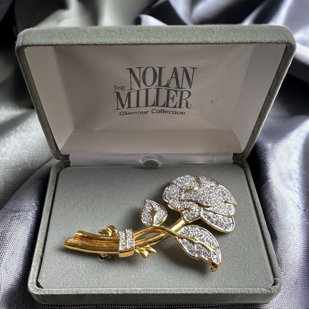 NOLAN MILLER Glamour Collection Pave Rose Pin Brooch Gold Tone w/Box